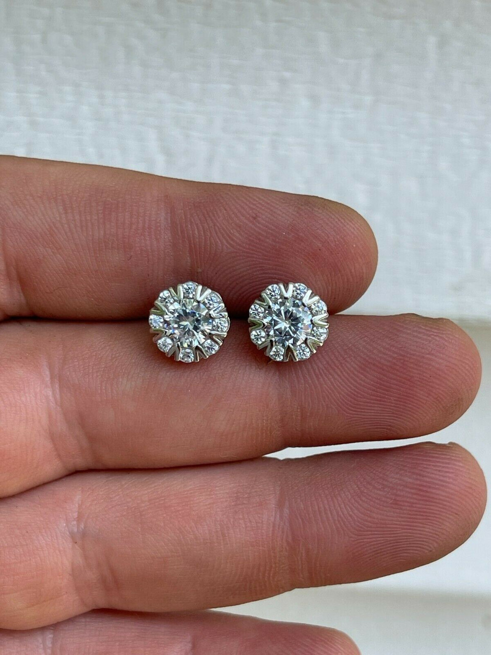Real Solid 925 Silver Iced CZ Out Hip Hop Earrings Studs Large 10mm Mens  Ladies